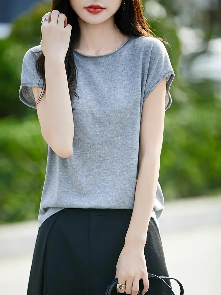 تي شيرت Ele بسيط محبوك مستدير Ne تي شيرت نسائي فضفاض للتخسيس ort Sve Top Commute Sle لون نقي صيفي Faion