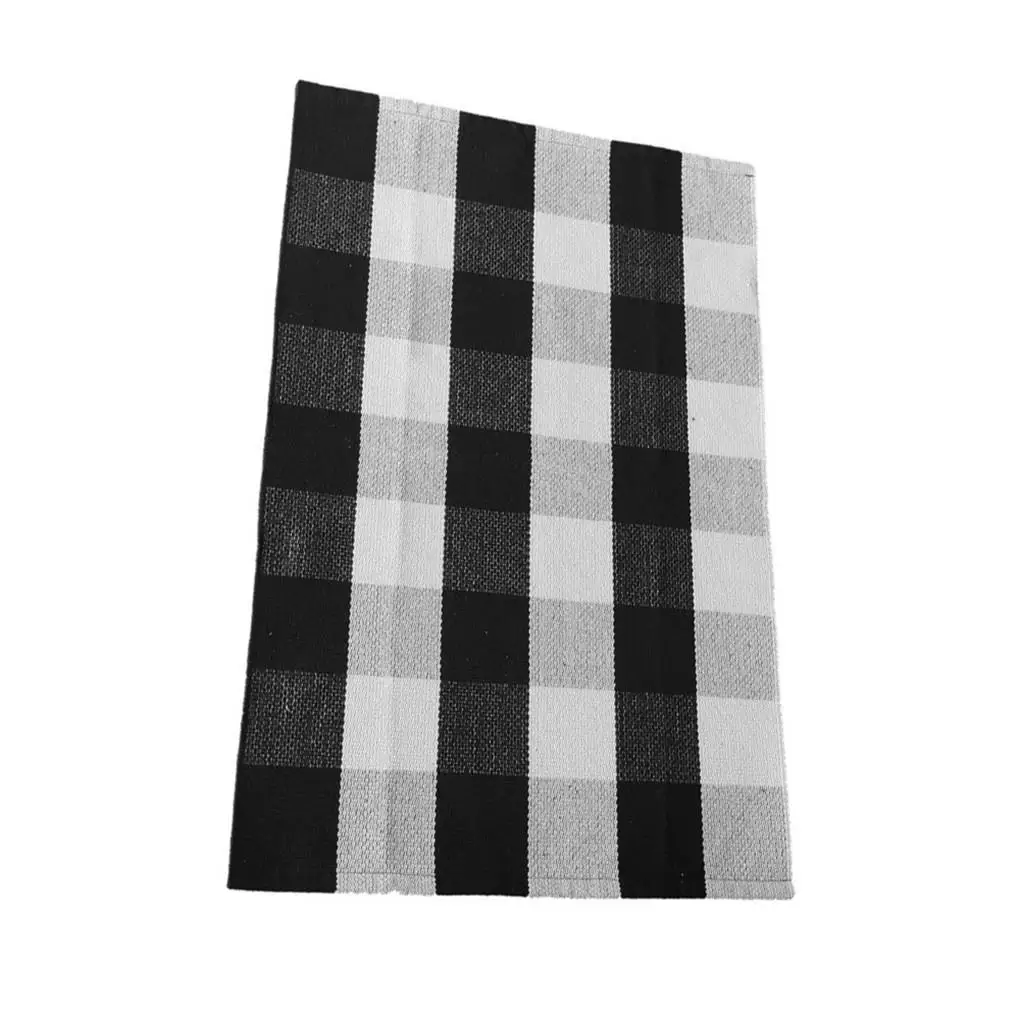 Hand-Woven Cotton Plaid Area Rug Anti Slip Doormat Floor Mat Layered Carpet for Laundry Kitchen, Red Black, 90x60cm