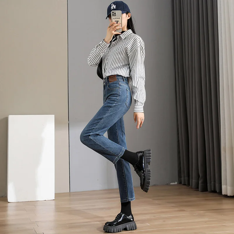 กางเกงยีนส์ทรงขาบานเอวสูงผ้ายืดสำหรับผู้หญิง กางเกงยีนส์ทรงตรงแฟชั่นฤดูใบไม้ร่วง