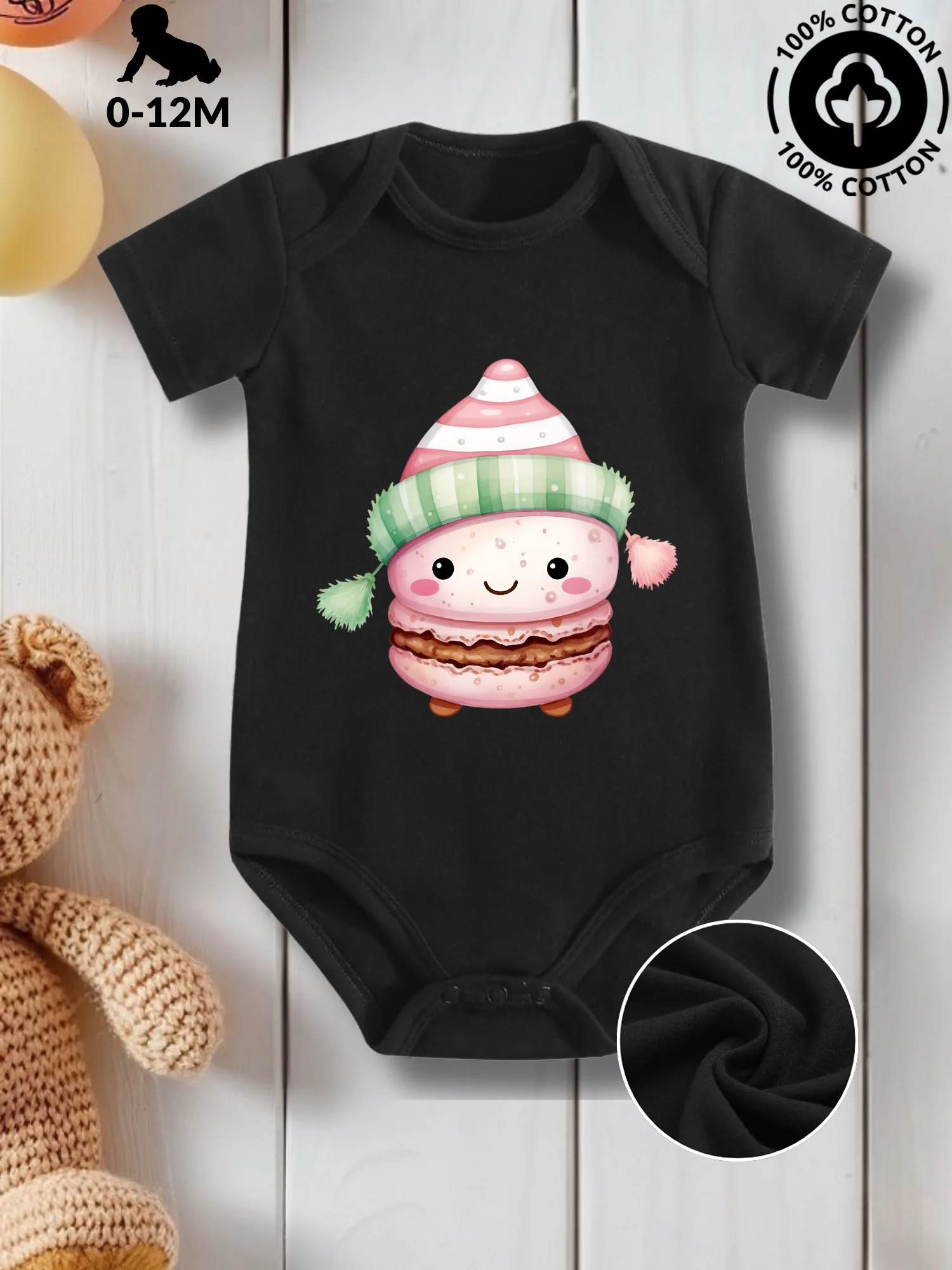 

Kawaii Macaron 08 Unisex Baby Crawling Suit, Pure Cotton Skin Care Onesie, All-Season Wear Black Bodysuit 190GSM