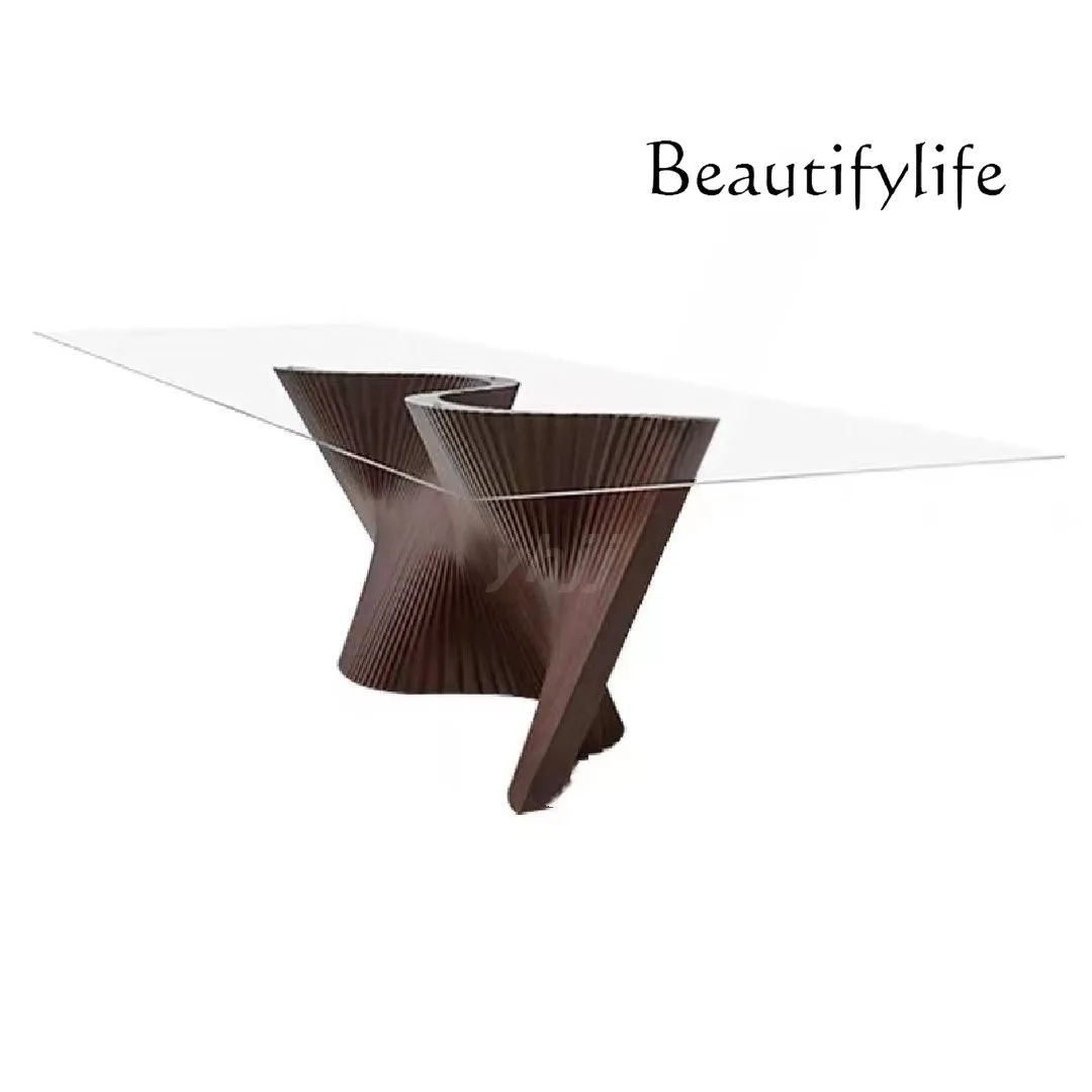 minimalist long dining table tempered glass rectangular simple modern solid wood home living room dining table