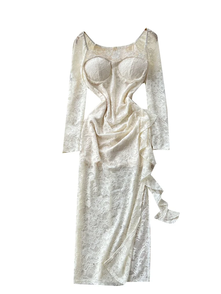 Ele Lace Long Sve Wrap Bodycon Dr. Kleid mit quadratischem Kragen für Damen, Herbst-Design, geteilter A-Linien-Rock mit hoher Taille Dr