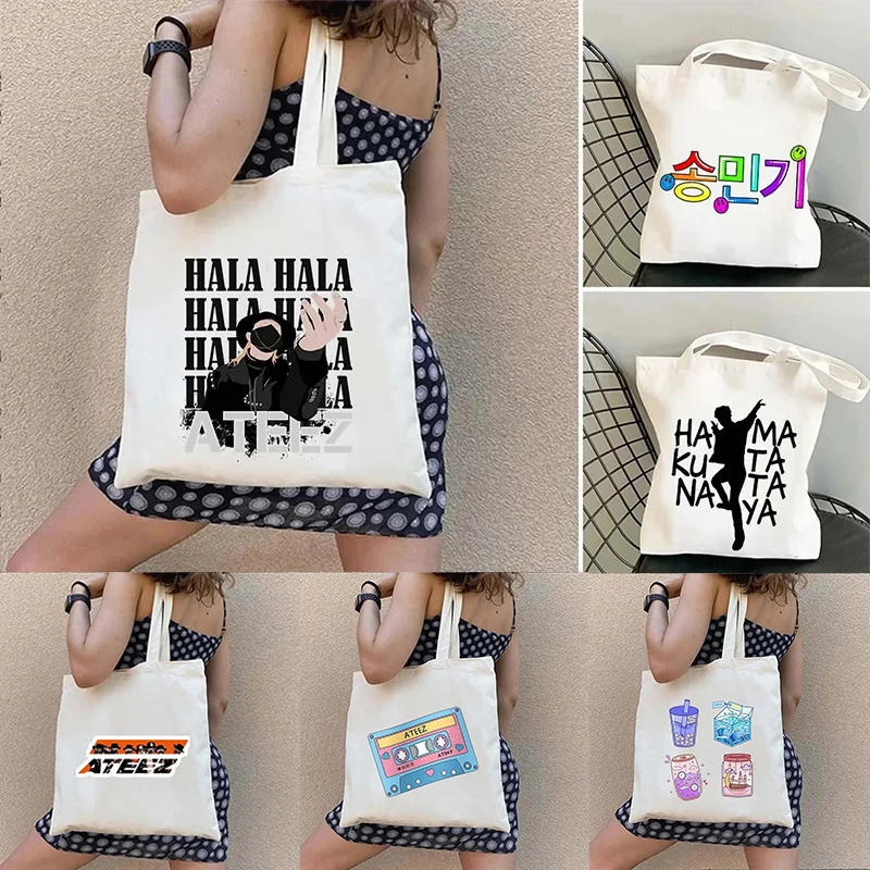 ATEEZ Letter Print Korean Style Kpop Harajuku Fashion Men Shopping Totes Bag Canvas Shopper Eco Large Capacity Shoulder Handbags