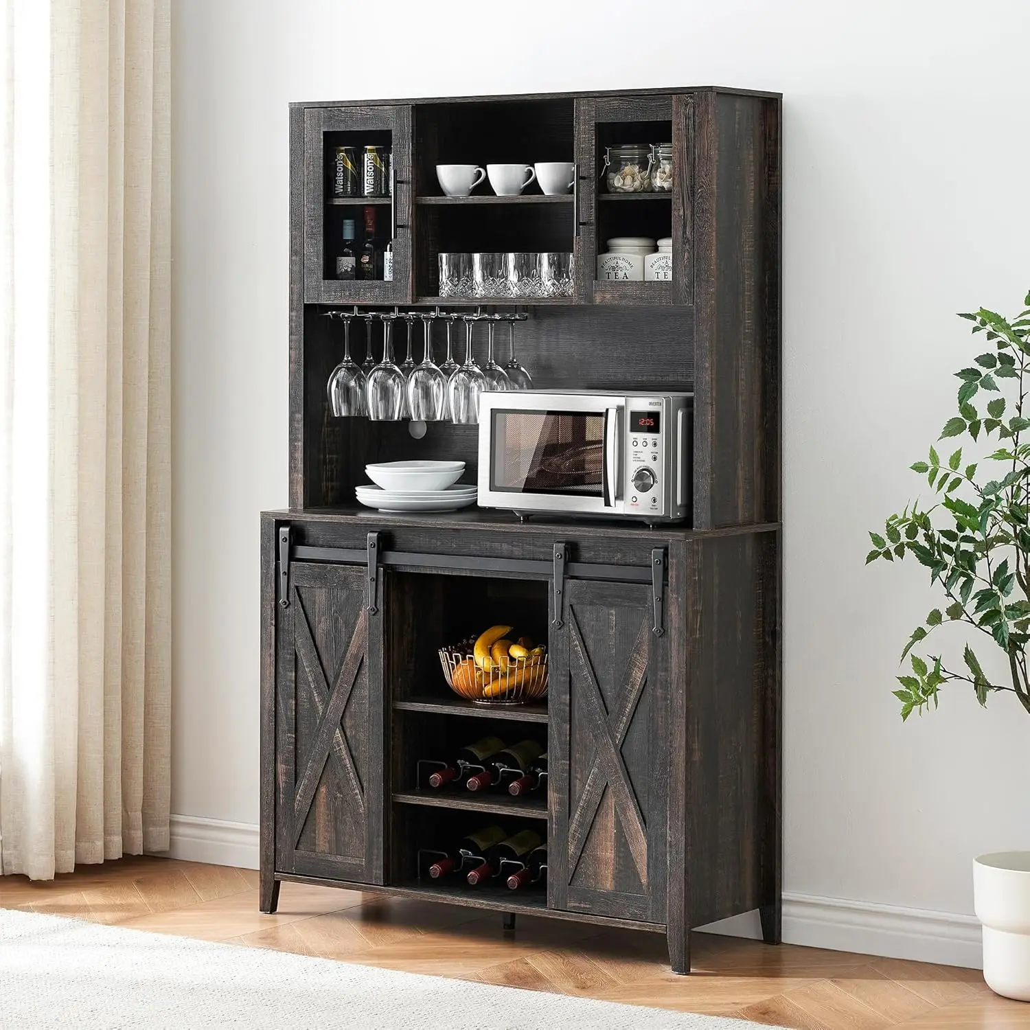 Idealhouse Farmhouse Coffee Bar Cabinet With Sliding Barn Door, 70