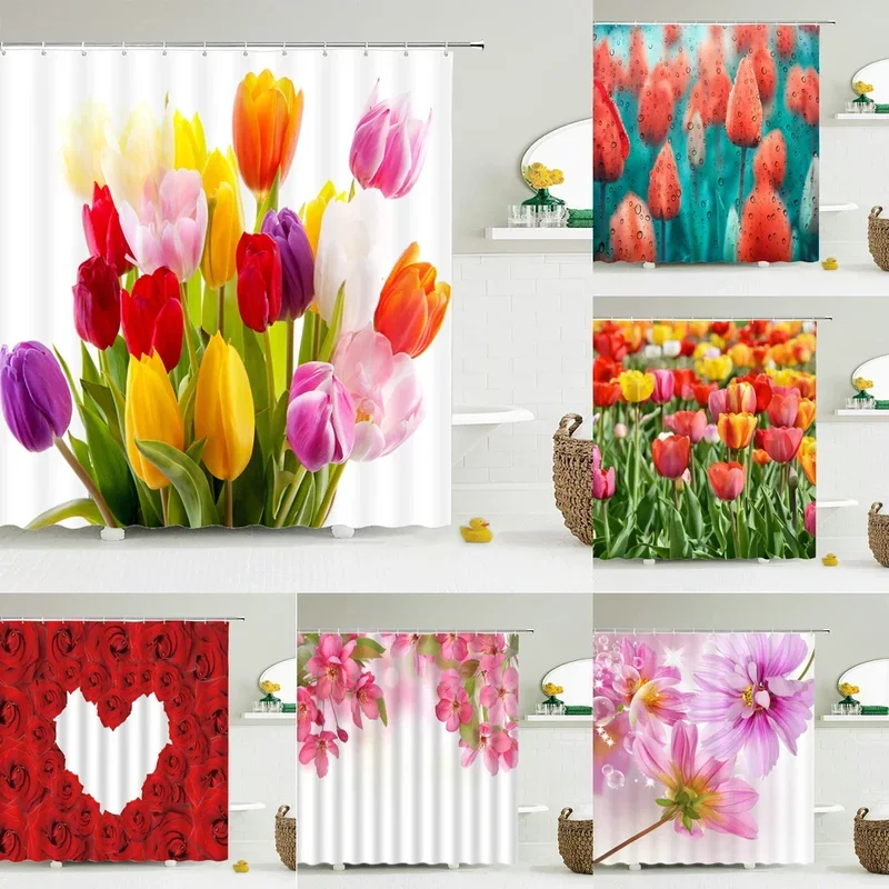 Tulip Rose Fresh Flowers Shower Curtains Waterproof Polyester Fabric 3D Printed Bathroom Screen Home Decoration Shower Curtain