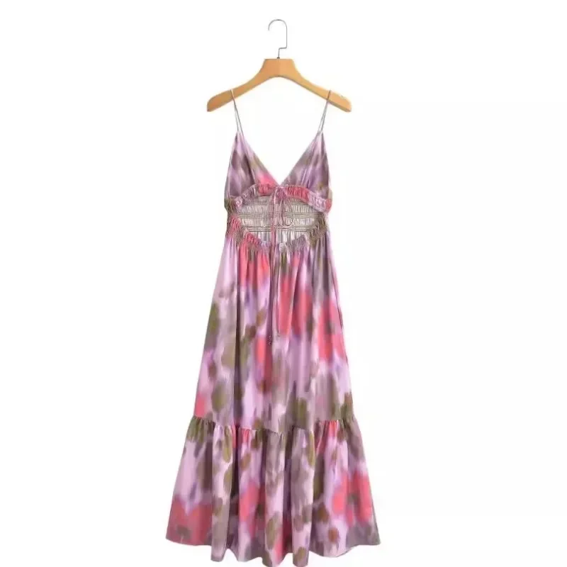 여성용 민소매 백리스 V넥 원피스, 섹시 프린트 하이 웨이스트 캐미솔 롱 드레스, 2024 여성용 하이 스트리트웨어 로브, 패션