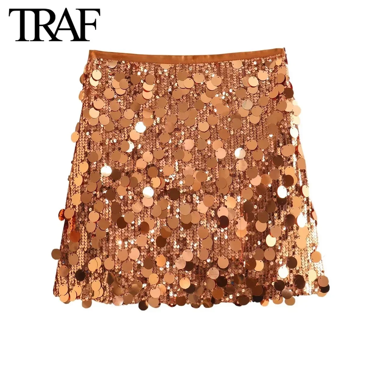 TRAF Sequins Skirt for Women Fashion Autumn Winter  New Solid Color Chic Female High Waist Elegant A-line Short Skirts Mujer