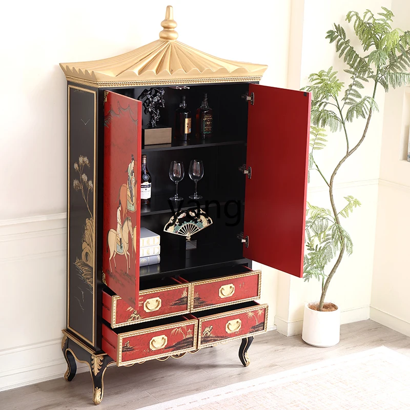 Lmm new Chinese hand-painted villa solid wood double door high-footed display cabinet