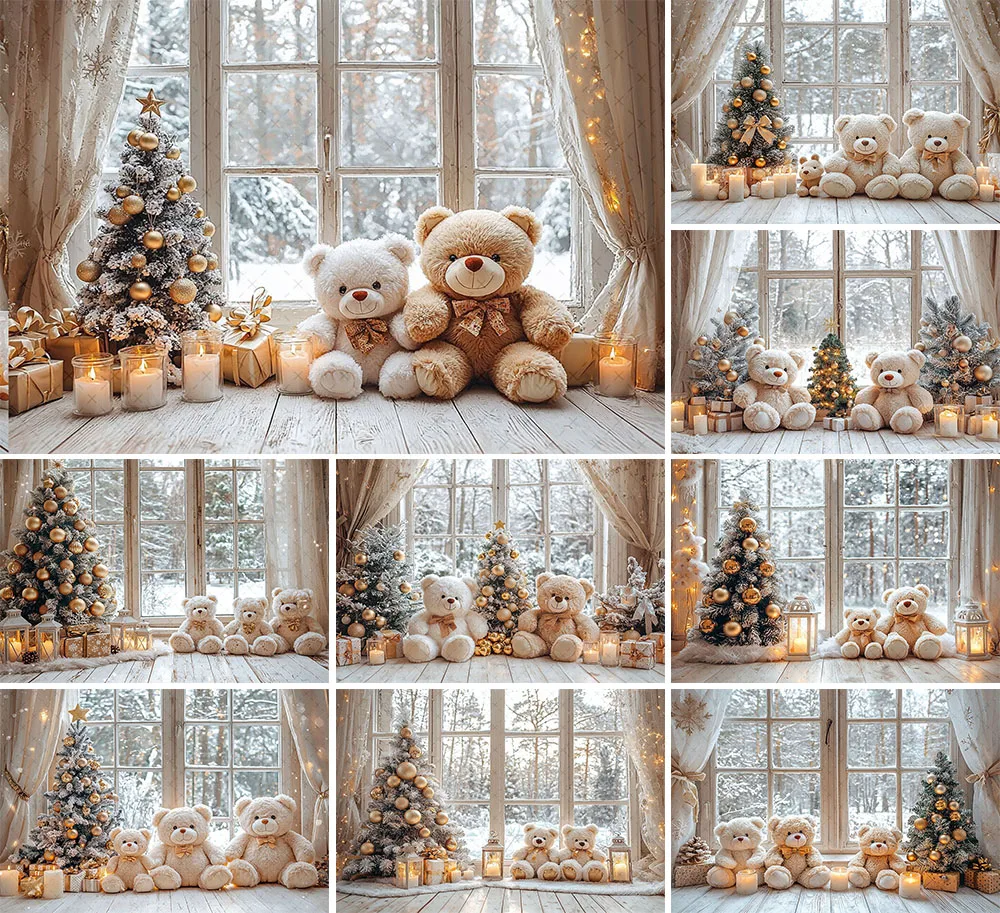 Mehofond Photography Background Winter Christmas Window Bear Xmas Tree Kids Holiday Family Portrait Decor Backdrop Photo Studio