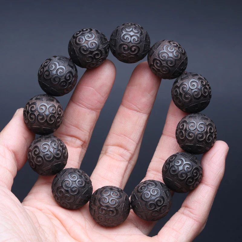Natural Ebony Bracelet, Key Pattern Beads, Auspicious Cloud Beads, Prayer Beads, Lucky Decorations,Classic Carved Bracelets