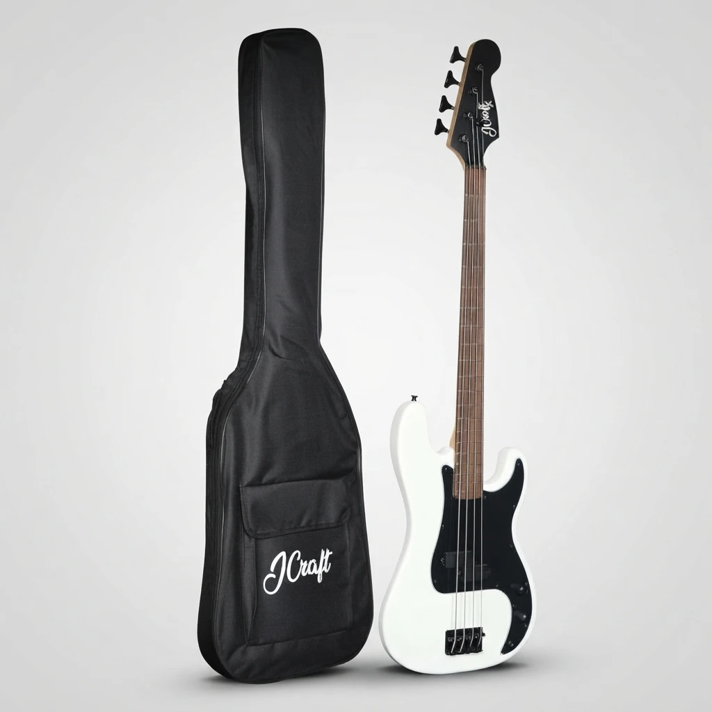 Split Coil White Bass 4 Strings, P Bass Style, Dark Fretboard, Black Hardware, Matte Finish, Gig Bag Included for Beginners