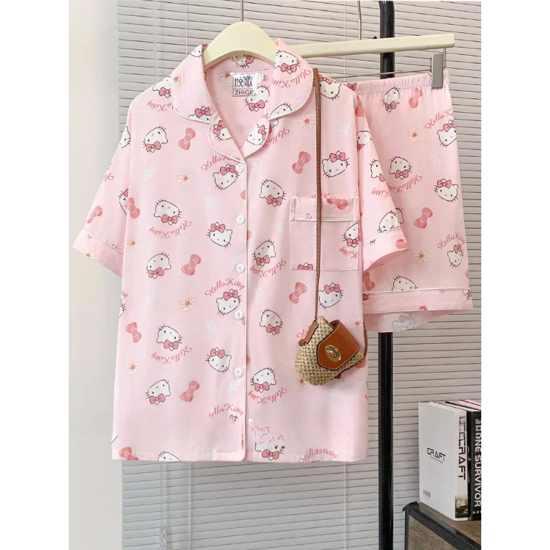 Sanrio-Pijama de seda de Hello Kitty para mujer, ropa de dormir de dibujos animados, informal, cómoda, fresca, transpirable, ligera, para el hogar