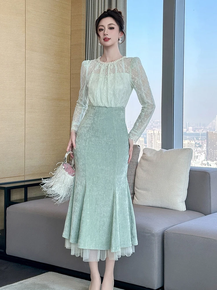 Falso 2 piezas de encaje transparente Sexy Maxi vestido de mujer elegante ocasión Formal vestido de noche fiesta delgada ropa de mujer Casual nueva llegada