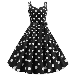 Vestido Midi con estampado de lunares para mujer, traje negro Retro, Vintage, Swing, fiesta de graduación, Rockabilly, Verano