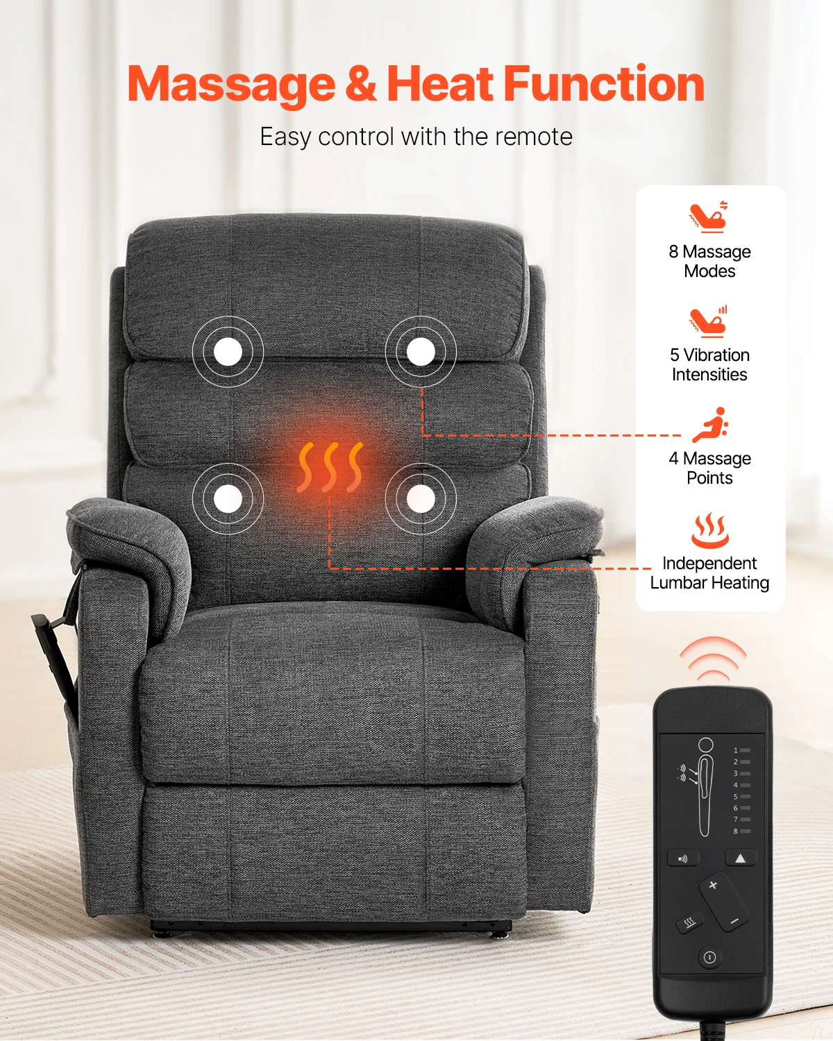 VEVOR Power Lift Recliner Кресло-подъемник с подогревом и массажем для пожилых людей Бесконечная регулировка положения Электрическое кресло для дома