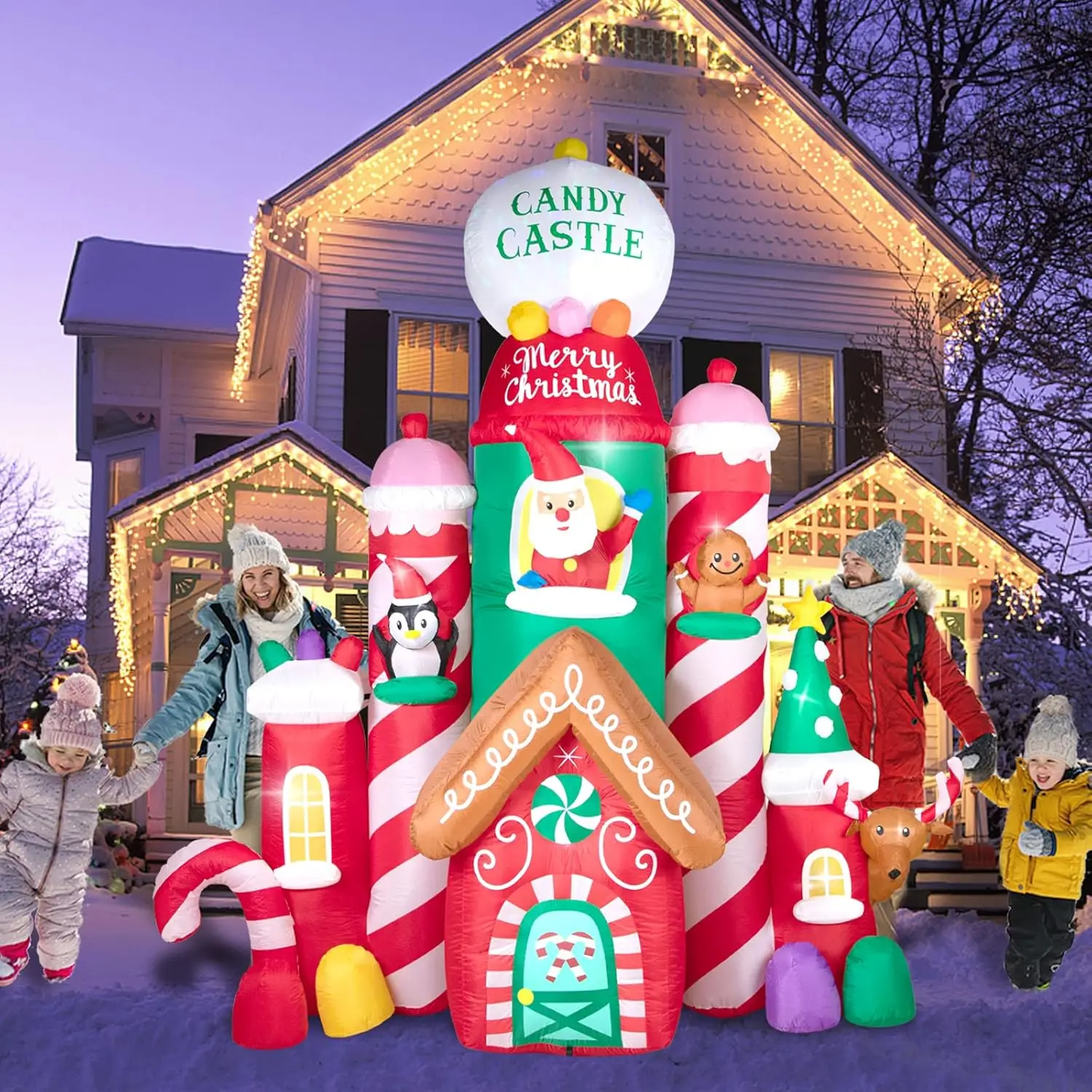 FT Christmas Inflatable Decorations,Gaint Candy Castle Inflatable with Santa,Reindeer,Penguin,Gingerbread - Blow Up Yard Outdoor