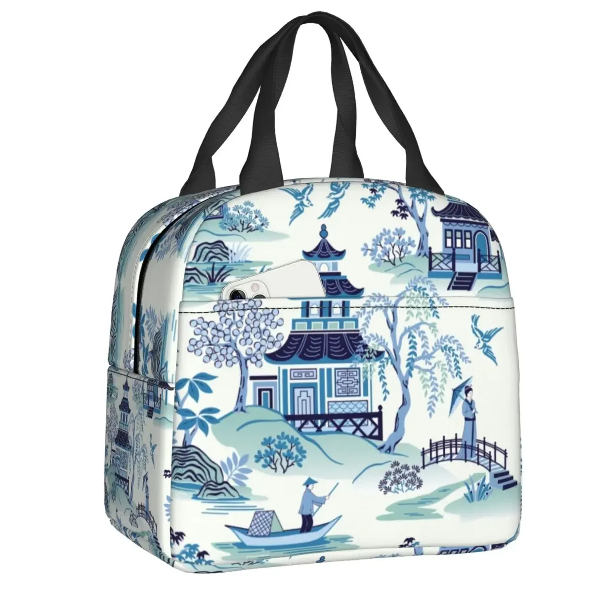 

Chinoiserie Pagoda Blue Antique Willow Ware Insulated Lunch Tote Bag for Women Thermal Cooler Food Lunch Box Work School Travel