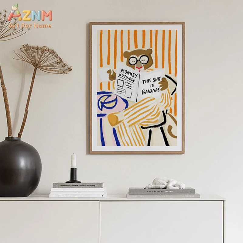 AZNM Cute Cartoon Monkey with Headphones Canvas Wall Art, Retro Banana Print Poster, Unframed Modern Abstract Animal Illustratio