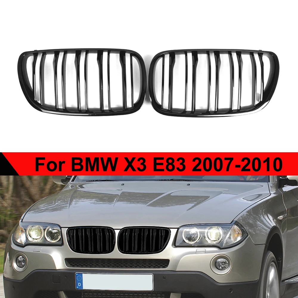 1 Pair Glossy Black Dual Slat Line Front Bumper Kidney Grill Hood Inlet Grille For BMW X3 E83 2007-2010