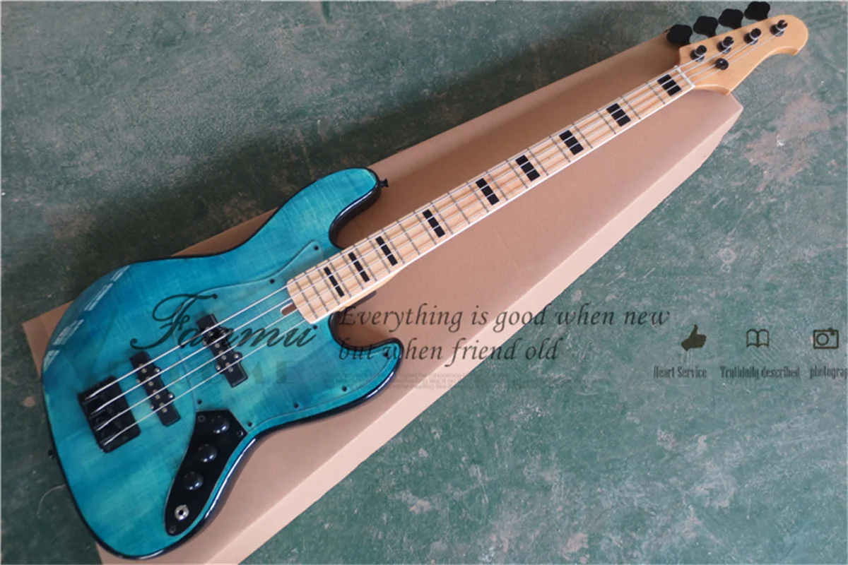 4-string electric bass guitar, clear blue JB bass flamed maple veneer, maple fretboard white binding, black buttons