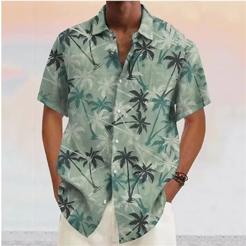 2023 Summer Men\'s Shirt Coconut Tree Print Lapel Button Shirt 7 Colors Hawaiian Short Sleeve Fashion Designer Casual Soft 5XL