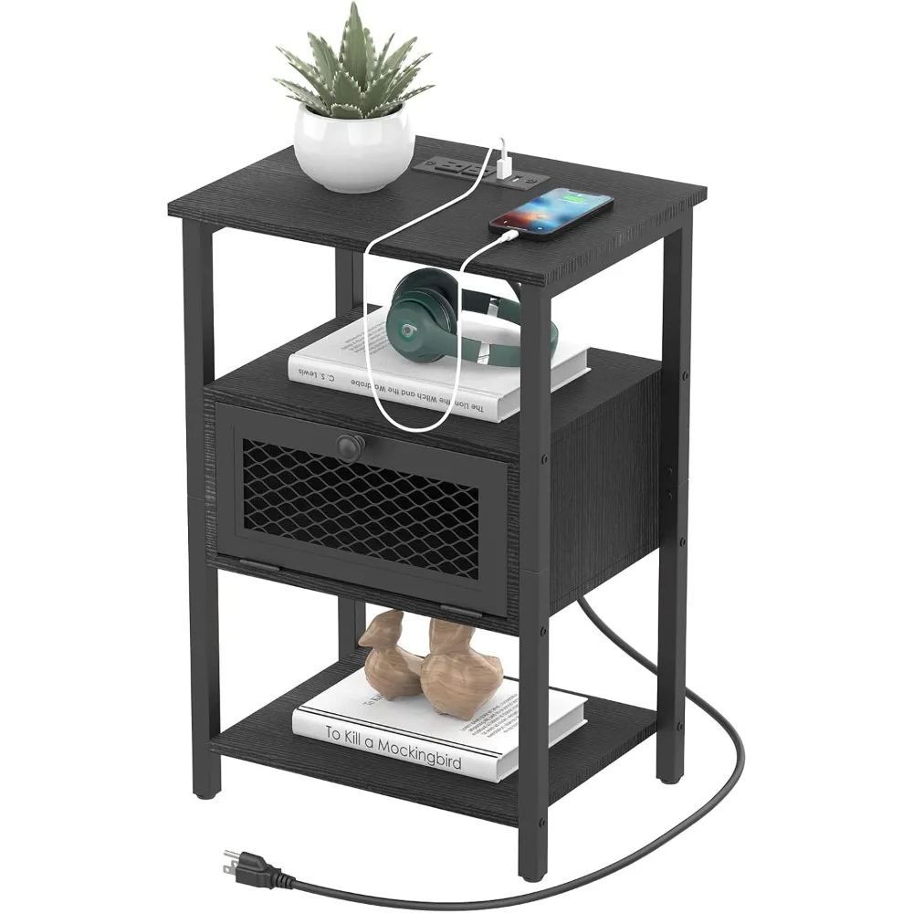 

Black End Table, Nightstand with Charging Station, Bedside Table with Drawer, Small Side Table with USB Ports and Outlets