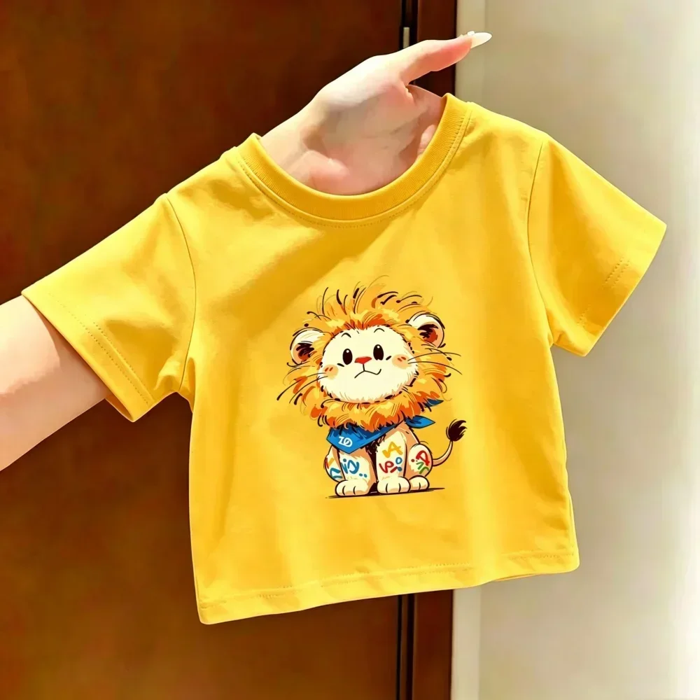 Children Casual Short Sleeve Top Lovely Cartoon Lion With Alphabet Details Print Summer Comfort Daily Wear Crew Neck Kids Tee