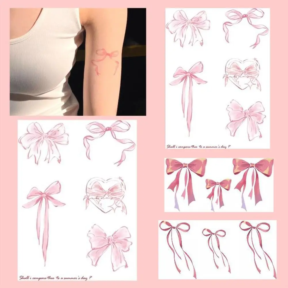 Bowknot Tattoos For Women Fake Tattoos Waterproof Lasting Sexy Pink Lace Heart Chains Art Temporary Tattoos Sticker V8z1