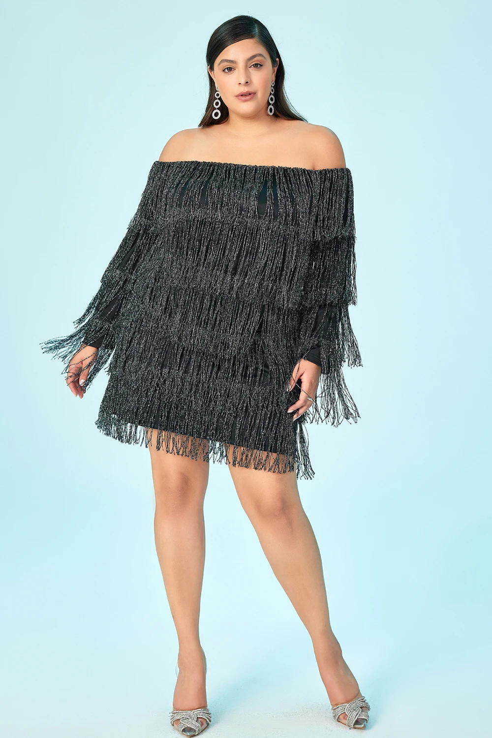 Plus Size Homecoming Dress Black Off The Shoulder Fringe Long Sleeve Mini Dress