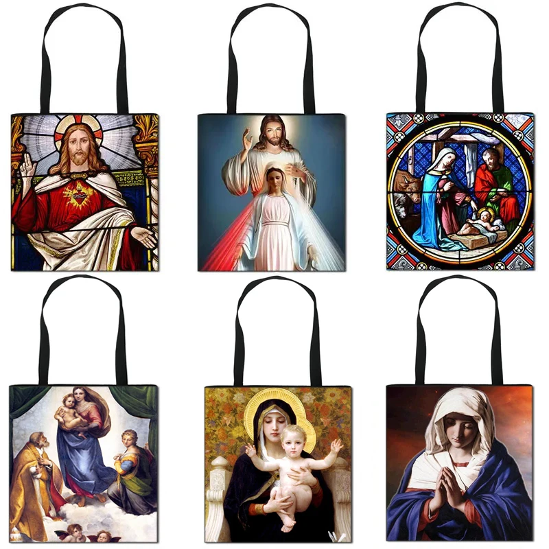 Vintage Religion Painting Jesus Virgin Mary Shoulder Bags Women Casual Totes Bag Girls Handbag Ladies Storage Shopping Bag