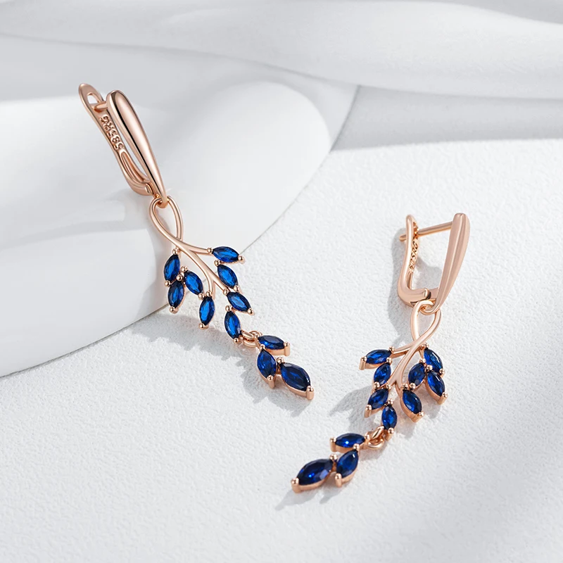 Kinel Full Blue Natural Zircon Leaf Shape Long Dangle Earrings For Women Fashion 585 Rose Gold Color High Quality Daily Jewelry