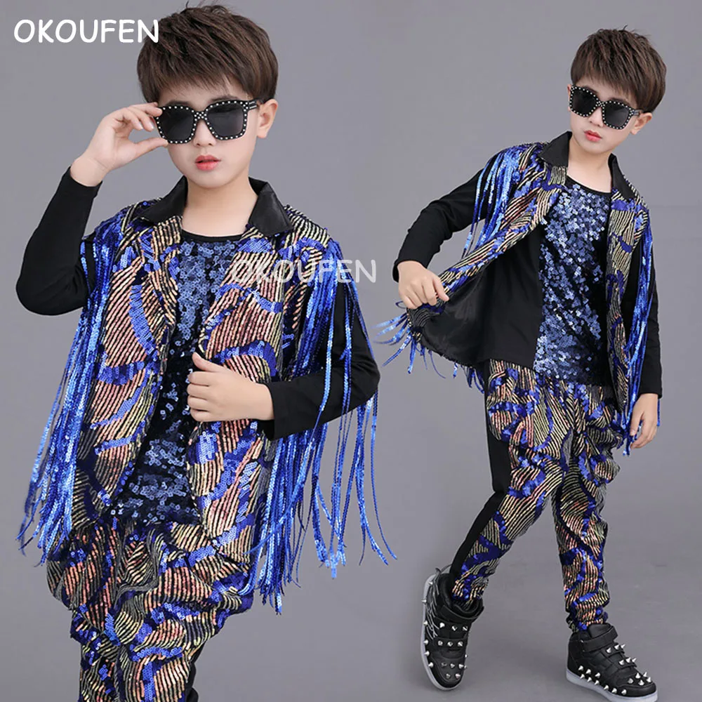 New Fashion Children Model Sequins 3 Pieces Performance Suits Boys' Drum Hip-hop Stage Costumes Party Show Theme Outfit