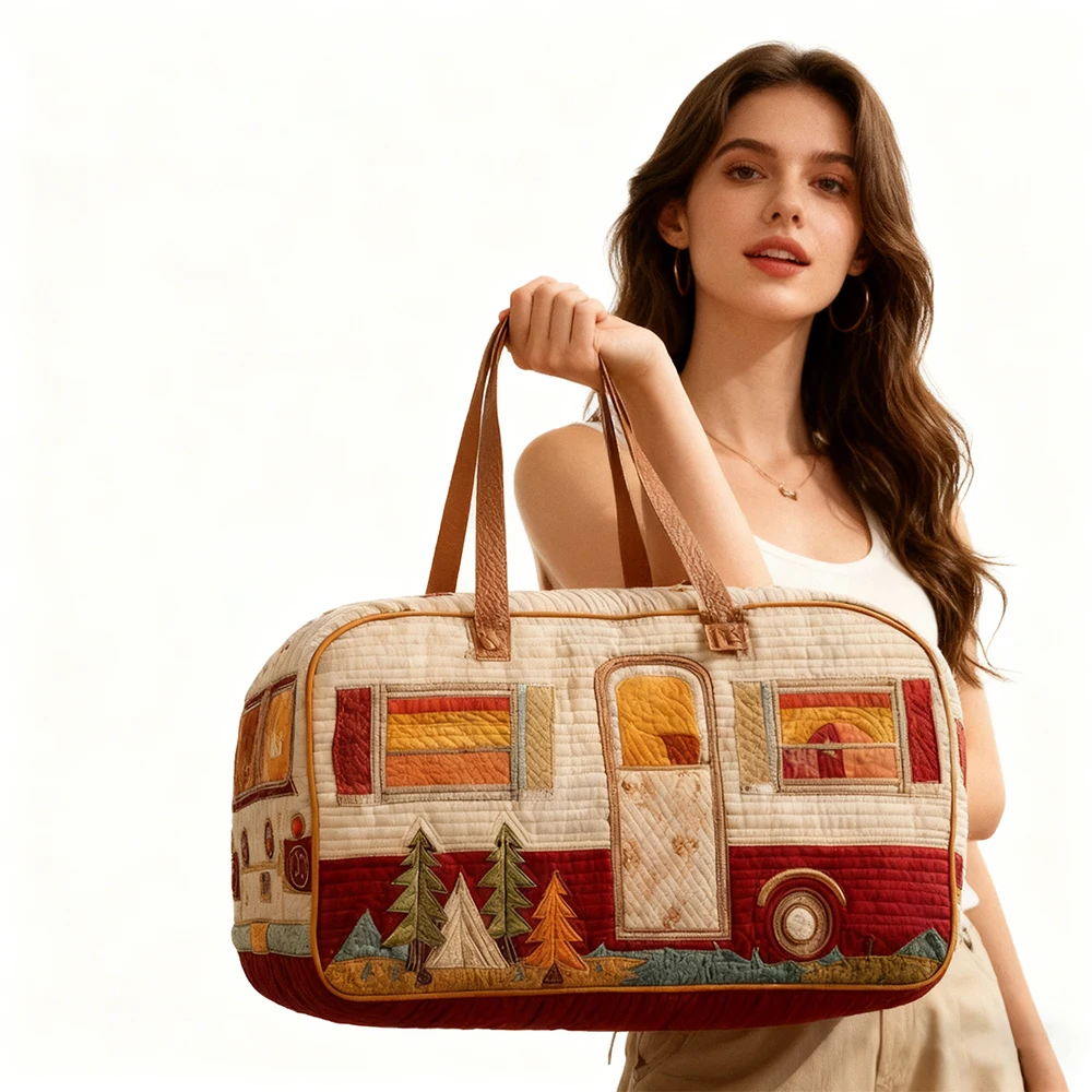 

Retro Camper Quilted Duffle Bag Unisex Camping Daypack Women Men Weekender Travel Tote 2026 Outdoor Road Trips