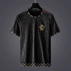 High-end brand ice silk short sleeve T-shirt men's fashion embroidered logo loose large size half sleeve summer new casual top