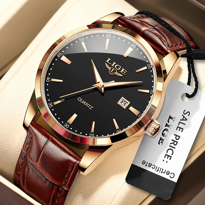 

LIGE New Luxury Rose Gold Quartz Wristwatches For Men Casual Business Sports Leather Watch Men Waterproof Luminous Men's Watch