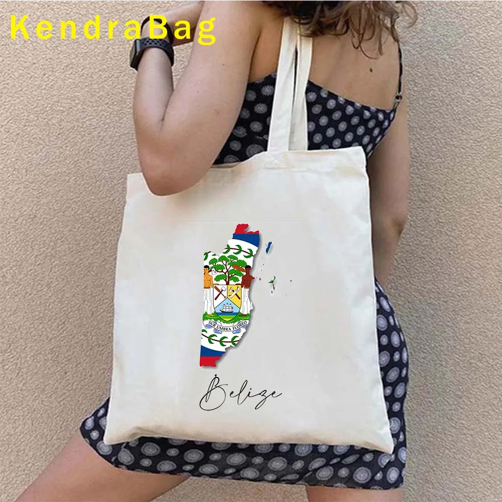 BELIZE Palm Island Arms of Belize Country Map Flag Watercolor Girl Women's Love Heart Shopper Canvas Totes Bag Shopping Handbags