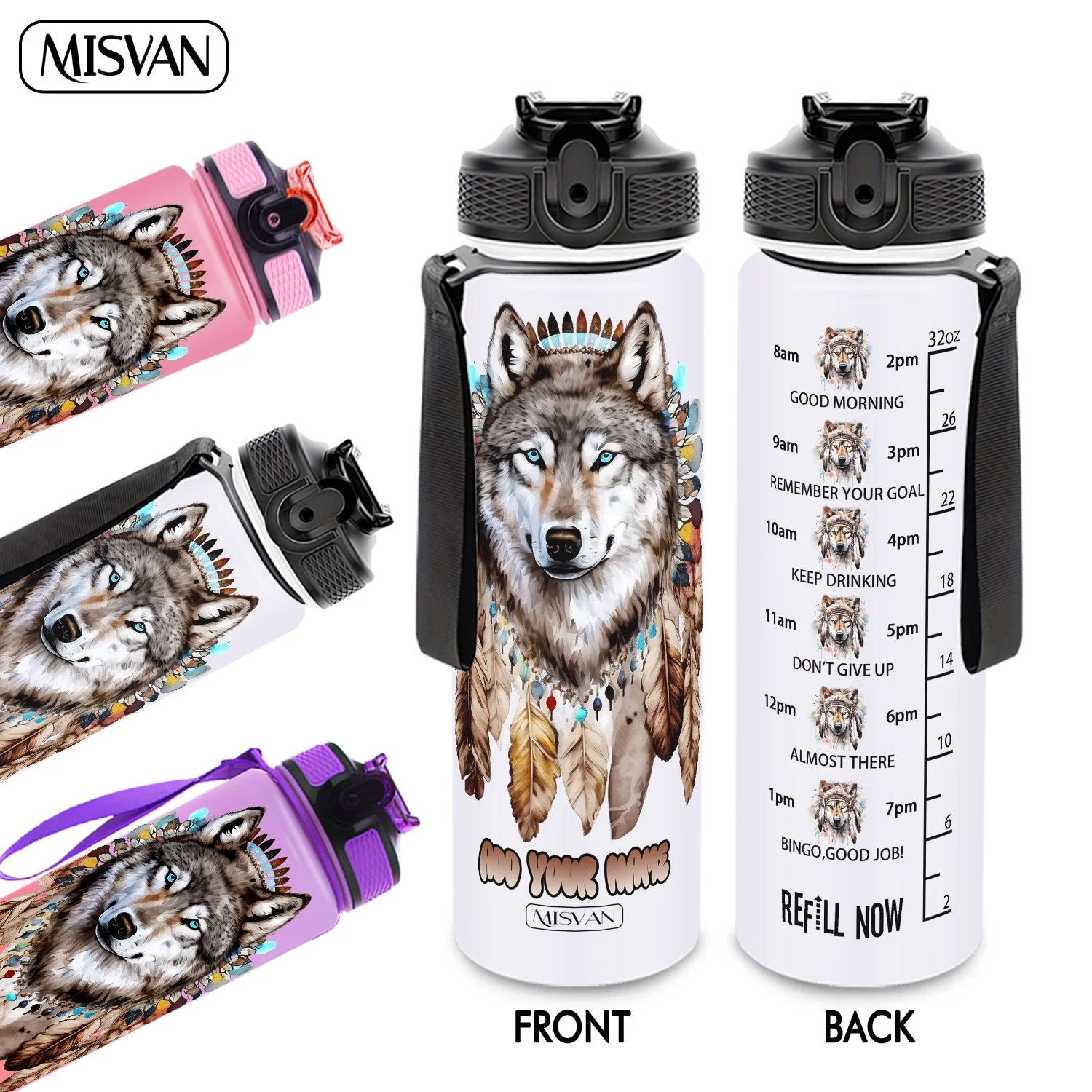 

Бутылка для воды 32 унции с индивидуальным дизайном, принт с перьями волка и головным убором индейцев, для ежедневного увлажнения организма, для спортзала и велоспорта, 1 шт.