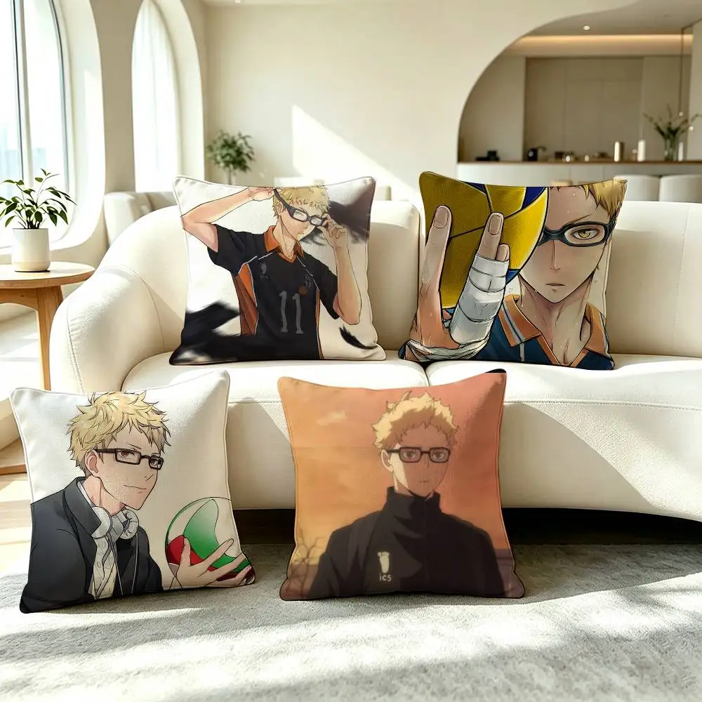 T-Tsukishima Kei Haikyuu Anime  Pillow Case Square Double-Sided Sofa Cushion Cover Bedroom Bedside Pillow