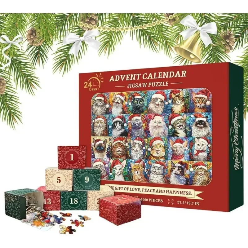 Cat Jigsaw Advent Calendar 2024, Christmas Cat Jigsaw Puzzles 1000 Pieces, Christmas Cats Advent Calendar 2024 for Adults