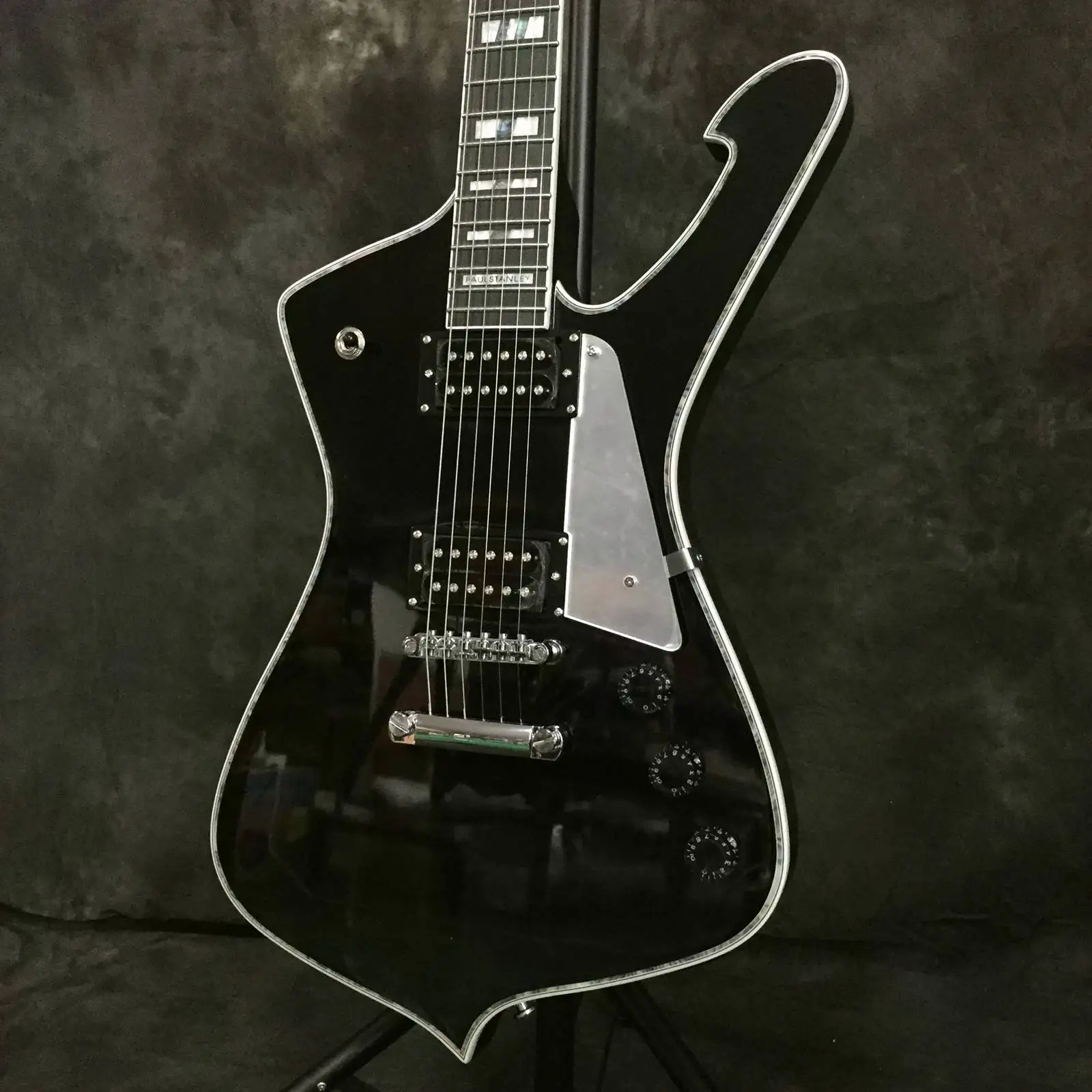 

High Quality Custom Black Iceman Paul Stanley PS120 Electric Guitar Signature Fretboard Chrome Hardware Abalone Inlay Free Ship