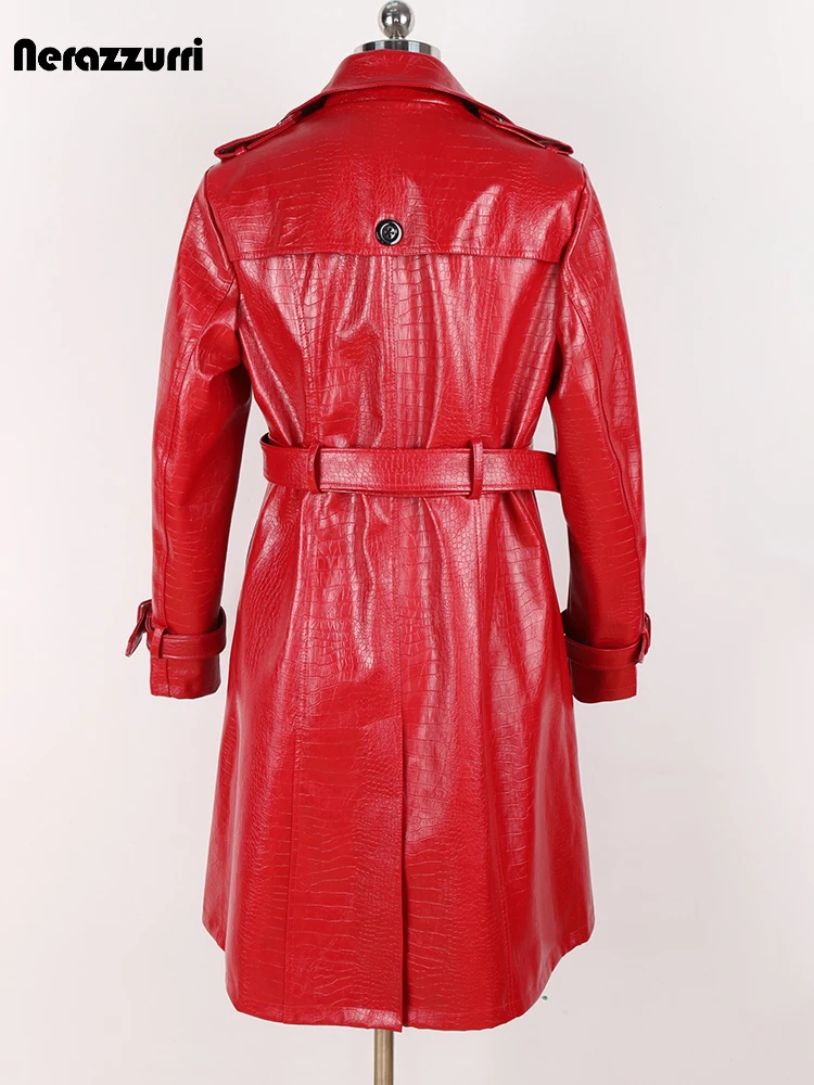 Nerazzurri Spring Long Red Shiny Hard Crocodile Print Pu Leather Trench Coat for Women Belt Double Breasted European Fashion 5xl