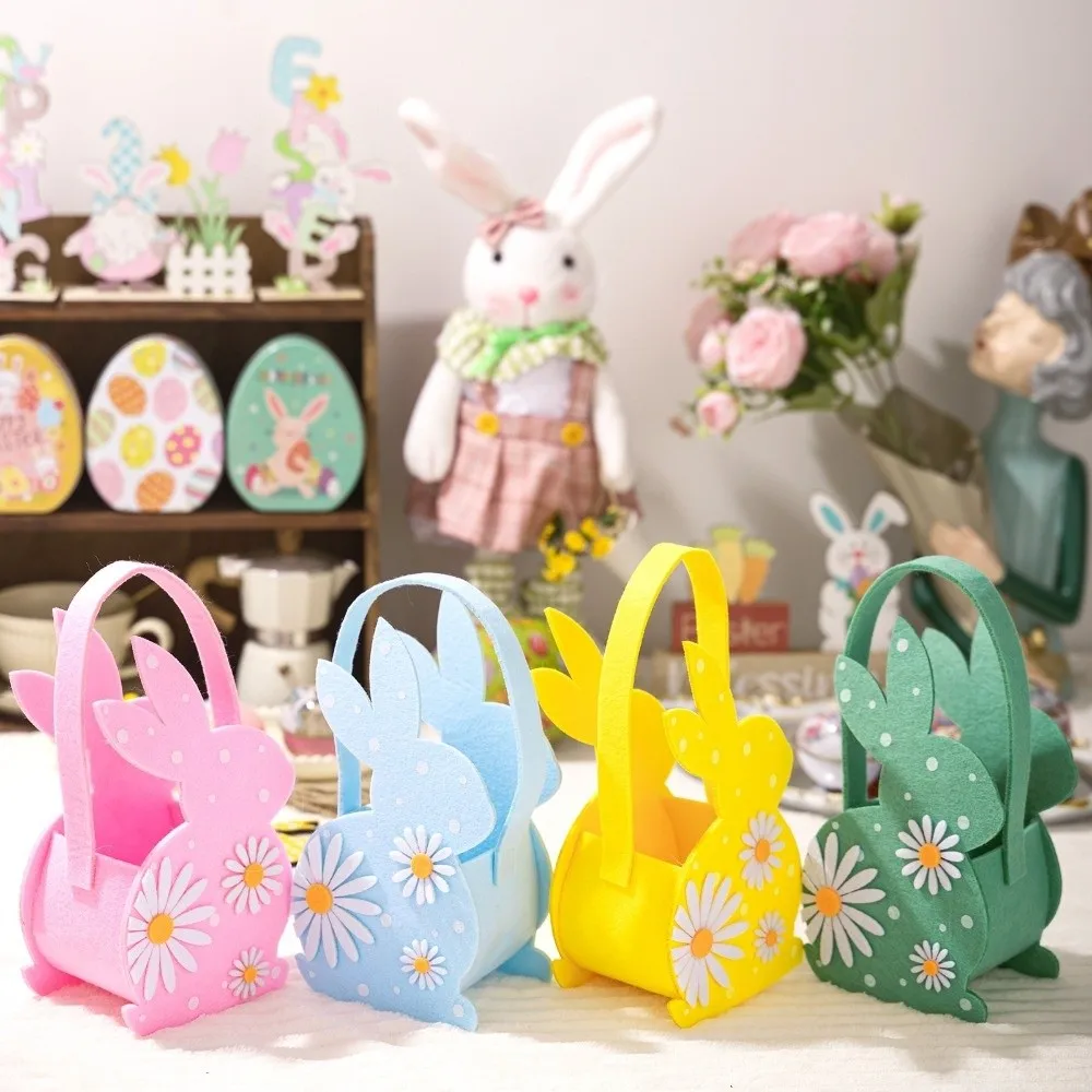 Soft Easter Rabbit Candy Tote Bag Eco Friendly Felt Material Easter Gift Bag Polka Dot Print Reusable 3D Bunny Bag Party