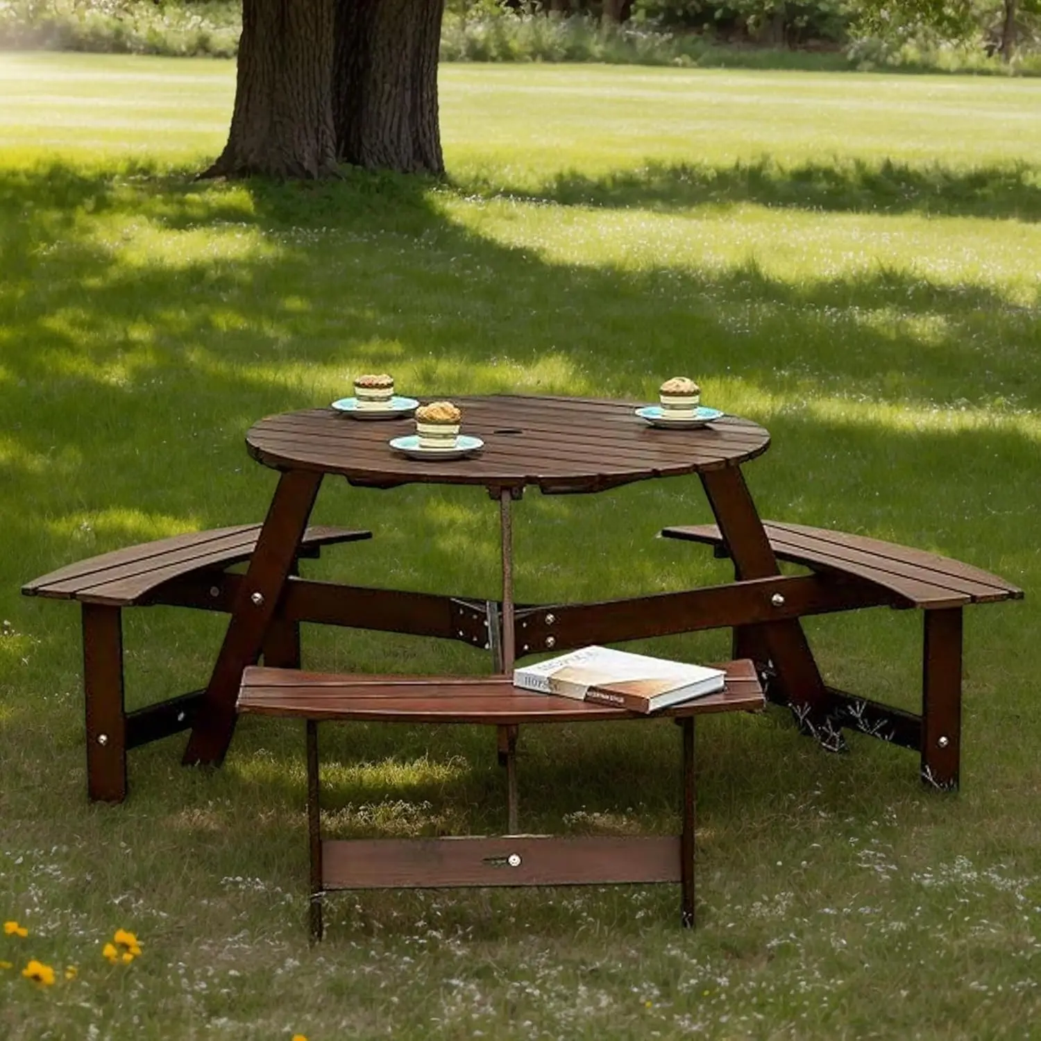 

Круглый деревянный стол для пикника на 6 человек со встроенными скамейками и отверстием для зонта для патио, задней столовой на открытом воздухе