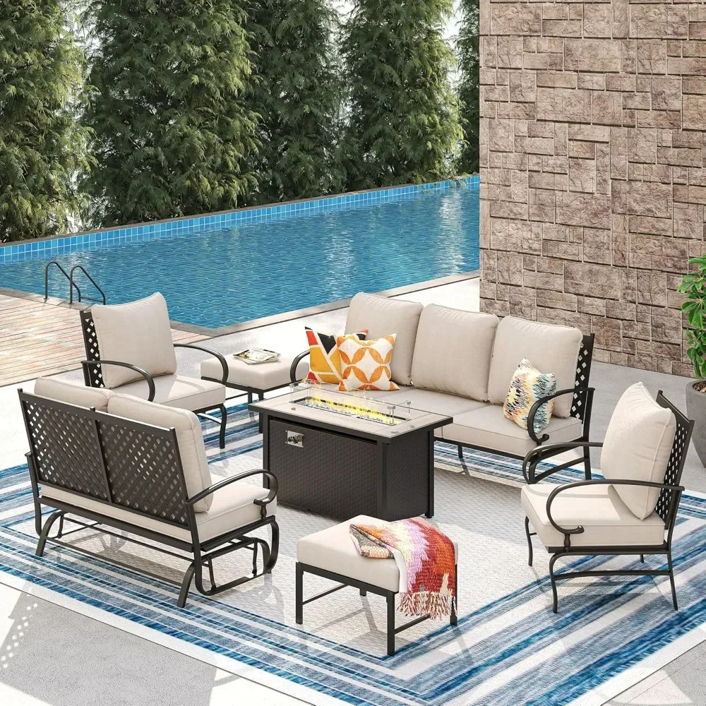 7 Pieces Patio Furniture Set with 45-inch Firepit, Outdoor Furniture of 3-Seater Sofa, 2 Patio Single Sofa with 2 Ottomans