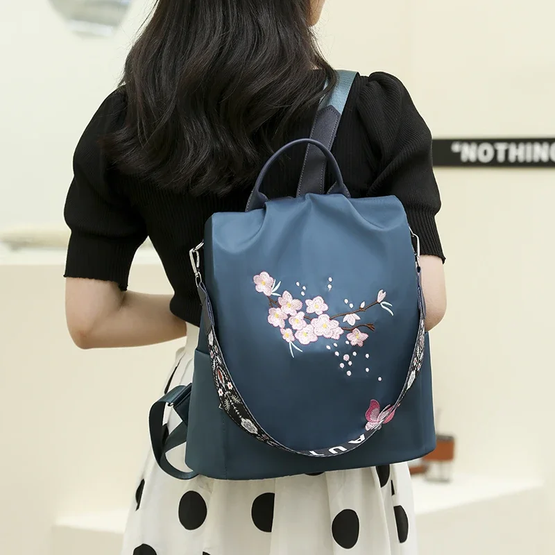 Oxford Solid Color Zipper Women\'s Backpack 2024 New Embroidered Chinese Style Casual Large Capacity Student School Bag Mochila