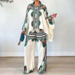 2024 New Autumn Fashion Printed Lapel Bat Sleeve Top Loose Trousers Two-piece Set Костюм Женский Летний