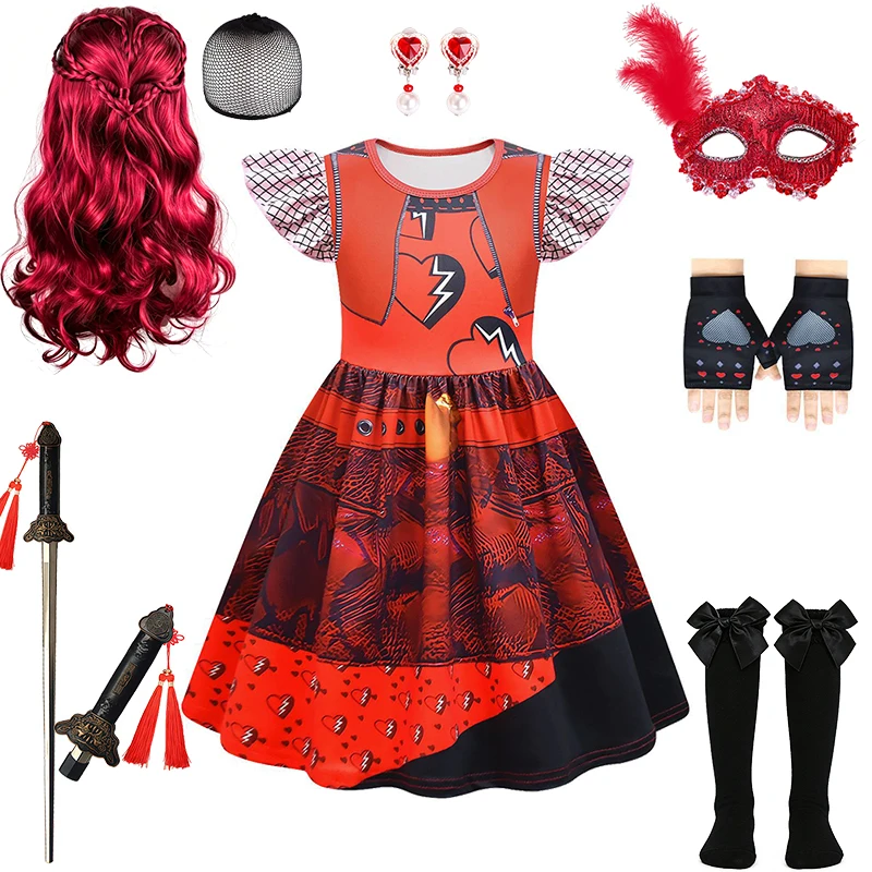 Girls Red Heart Queen Costume Dress Up Children's Halloween Cosplay Villain Princess Birthday Party Outfit Carnival Kids Clothes