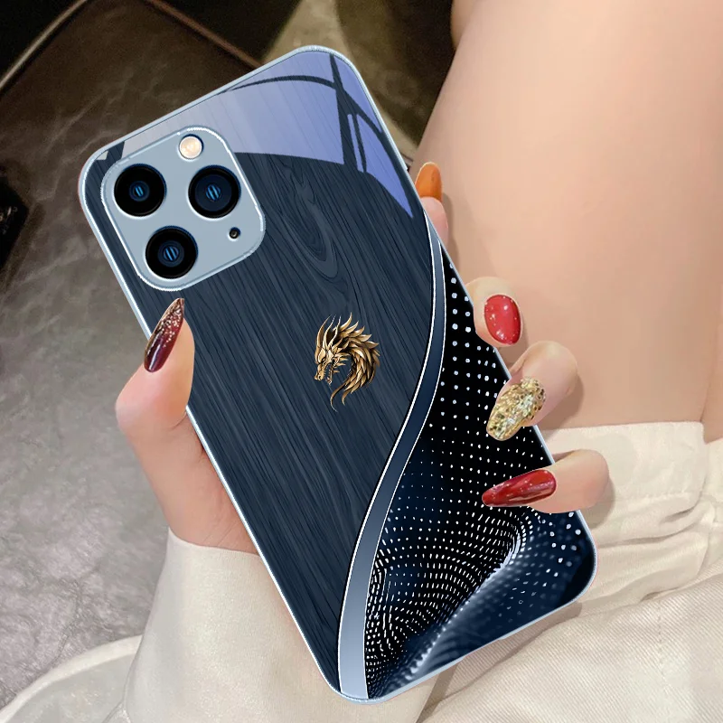 Wooden Patterned Dragon For IPhone 15 Pro 14 13 12 Mini 11 XS Max XR 7 8 Plu SE 2020 2022 Tempered Glass Phone Case