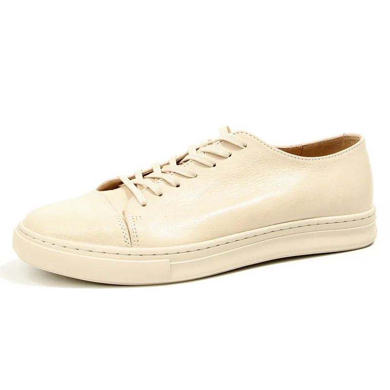 College Student Beige Color Genuine Leather Lace Up White Shoes Slightly Dirty Old Design Easy Matching Loafers Young Men