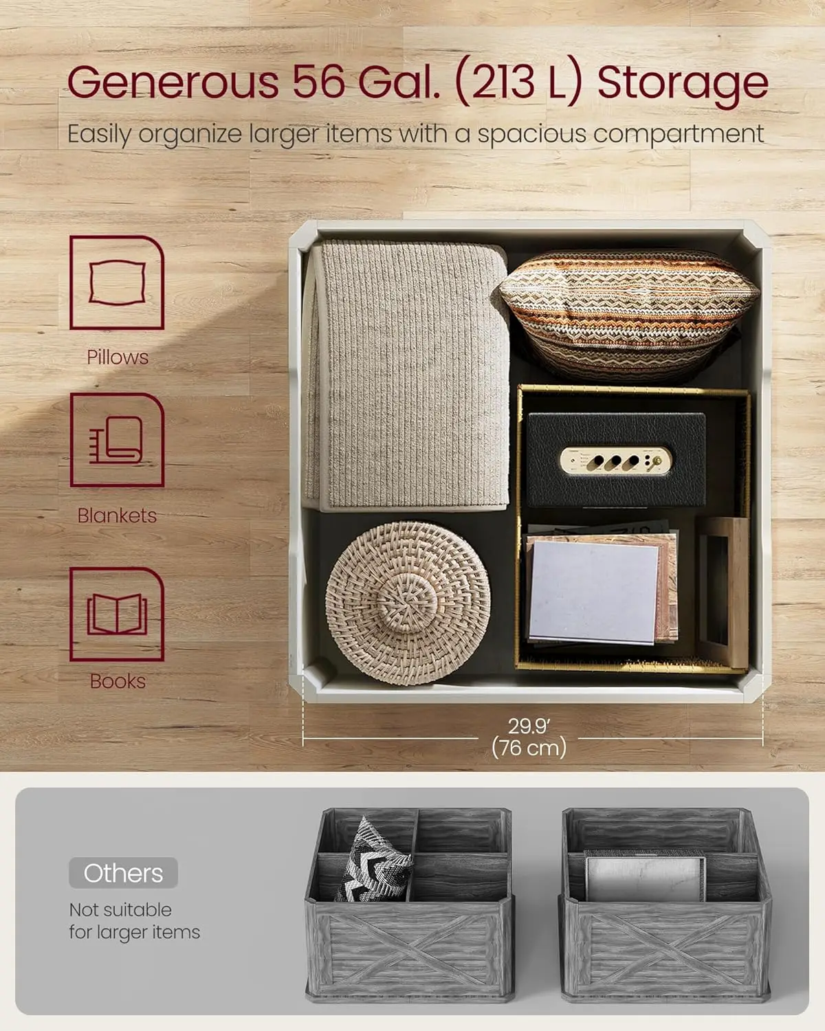 수납 공간이 있는 농가형 커피 테이블, 정사각형 센터 테이블, 플립탑 뚜껑, 허니 브라운 & 러스틱 화이트